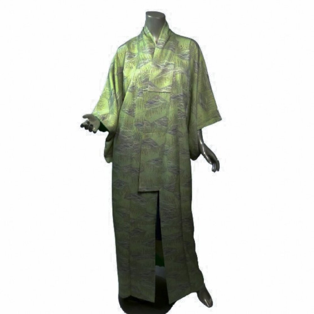 Vintage Houmongi (long) Silk Kimono ONE SIZE Green Abstract flowers and Clouds